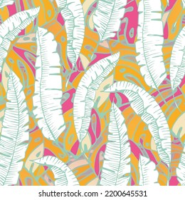 Summer Floral Vector Seamless Pattern With Tropic Palm Leaves. Miami Botanical Print. Trendy Tropical Nature Background. Nature Inspired Design Good For Textile, Wallpaper, Covers, Posters, Banners.