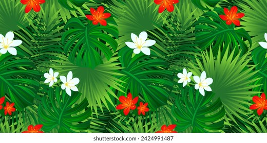 Vector floral de verano sin patrón. Las flores tropicales repiten el fondo. Papel pintado de hojas de palma tropicales exóticas. Impresión de plantilla de selva tropical amazónica. Fondo de follaje de color hawaiano. Colores brillantes