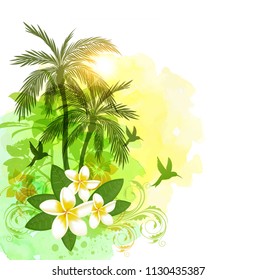 Summer floral vector tropical watercolor background with green palms and flowers. 