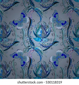 Summer floral vintage seamless pattern blue flowers and butterflies. Vector.