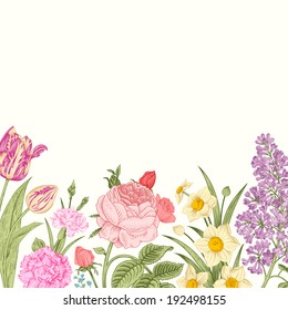Summer floral vintage vector background. Blossoming garden colorful flowers on a beige background. Rose, lilac, carnation, daffodil, tulip.