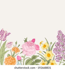 Summer floral vintage vector background. Blossoming garden colorful flowers on a gray background. Rose, lilac, carnation, daffodil, tulip.