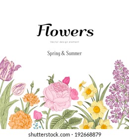 Summer floral vintage vector background. Blossoming garden colorful flowers on a white background. Rose, lilac, carnation, daffodil, tulip.