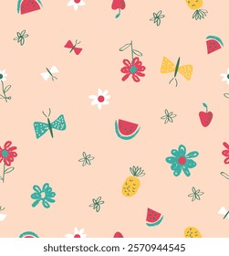 summer floral, watermelon, butterfly, doodle style, childish, kiddish, hand drawing, textile, clothing, fabric vector artwork