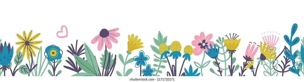 Summer floral wild meadow seamless border. Spring flowers and green branches. Decorative colorful nature wall sticker, divider vector print