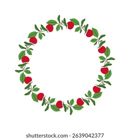 Summer floral wreath with cherry and their foliage. Round frame of berries and leaves on twig. Decoration element for cards and seasonal decor. Vector flat illustration.
