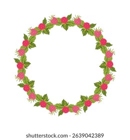 Summer floral wreath with raspberry and foliage. Round frame of pink berries and leaves. Decoration element for cards and seasonal decor, menu, recipe. Vector flat illustration.