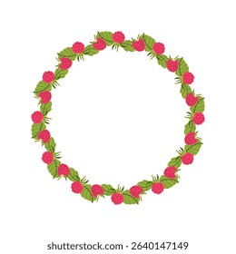 Summer floral wreath with raspberry and their foliage. Round frame of pink berries and leaves. Decoration element for cards and seasonal decor. Vector flat illustration.