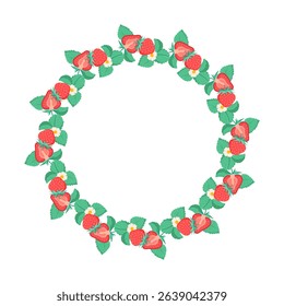 Summer floral wreath with strawberries and their foliage. Round frame of berries, leaves and white flowers. Decoration element for cards and seasonal decor. Vector flat illustration.