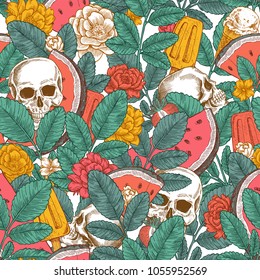 Summer florals seamless pattern. Hipster floral skull background. Vector illustration