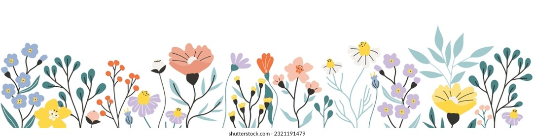 Blumenbanner im Sommer. Handgezeichneter Garten und Wildblumen. Flache botanische Vektorgrafik auf weißem Hintergrund. Schöne Frühlingsblumen. Elegantes horizontales Muster.