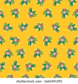 Summer flower bouquets seamless vector pattern. Ditsy florals on yellow background. 