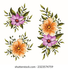 Summer flower branch bouquet collection with pink flowers and green leaves