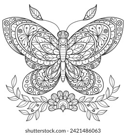 Summer flower and butterfly hand drawn for adult coloring book