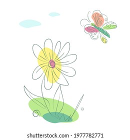 Summer flower and butterfly pencil effect, lines and color spots isolated on white background