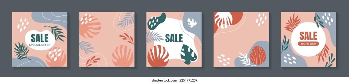 Summer flower cards, spring pattern. Floral leaf frame for banner, social media post, pastel collage template. Tropical plants and abstract forms on background. Vector design tidy illustration