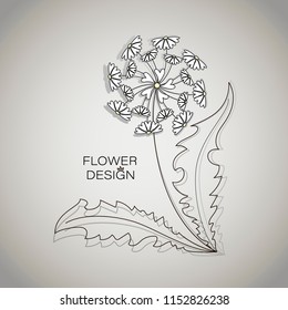 Summer flower. A dandelion of hearts. Flower design. Logo, emblem, poster. Words and contour drawing of a dandelion on a gray background.