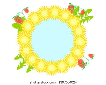summer flower frame with strawberries and dandelions
