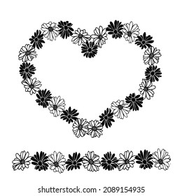 Summer Flower Hearts Frame And Boarder With Outlines Daisy And Silhouette Flower Daisy For Invite Or Card