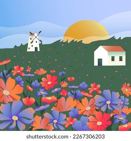 Summer flower landscape with a windmill and a house. Multi-colored flower field. Illustration from rural life. Vector drawing in a flat style with gradients. Illustrations for banners, backgrounds, ad