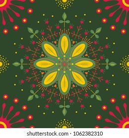 Summer flower pattern, mandala with leaves, dots and lines, color illustration on green background. Vector for print, decor, fabric.