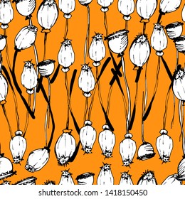 Summer flower pattern with poppies, flowers, leaves, buds in different angles. Hand drawing ink. Stylish seamless pattern. Images of kvet in retro, vintage style. Design for wallpaper, textiles