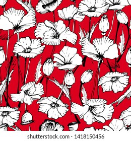 Summer flower pattern with poppies, flowers, leaves, buds in different angles. Hand drawing ink. Stylish seamless pattern. Images of kvet in retro, vintage style. Design for wallpaper, textiles