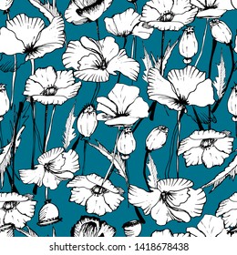 Summer flower pattern with poppies, flowers, leaves, buds in different angles. Hand drawing ink. Stylish seamless pattern. Images of kvet in retro, vintage style. Design for wallpaper, textiles
