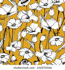 Summer flower pattern with poppies, flowers, leaves, buds in different angles. Hand drawing ink. Stylish seamless pattern. Images of kvet in retro, vintage style. Design for wallpaper, textiles