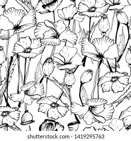 Summer flower pattern with poppies, flowers, leaves, buds in different angles. Hand drawing ink. Stylish seamless pattern. Images of kvet in retro, vintage style. Design for wallpaper, textiles