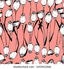 Summer flower pattern with poppies, flowers, leaves, buds in different angles. Hand drawing ink. Stylish seamless pattern. Images of kvet in retro, vintage style. Design for wallpaper, textiles