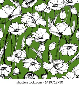 Summer flower pattern with poppies, flowers, leaves, buds in different angles. Hand drawing ink. Stylish seamless pattern. Images of kvet in retro, vintage style. Design for wallpaper, textiles