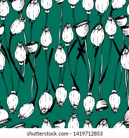 Summer flower pattern with poppies, flowers, leaves, buds in different angles. Hand drawing ink. Stylish seamless pattern. Images of kvet in retro, vintage style. Design for wallpaper, textiles