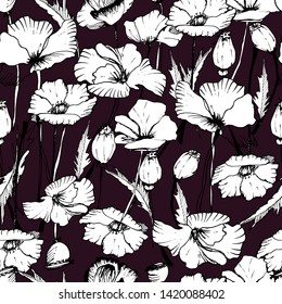 Summer flower pattern with poppies, flowers, leaves, buds in different angles. Hand drawing ink. Stylish seamless pattern. Images of kvet in retro, vintage style. Design for wallpaper, textiles