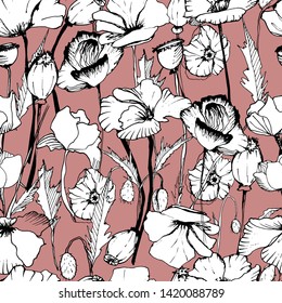 Summer flower pattern with poppies, flowers, leaves, buds in different angles. Hand drawing ink. Stylish seamless pattern. Images of kvet in retro, vintage style. Design for wallpaper, textiles