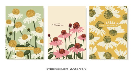 Pôsteres de flores de verão. Desenho abstrato de Echinacea purpurea. Design plano de plantas de flor branco e rosa para fundos, cartões postais, tampas