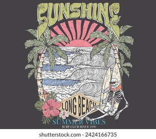 Summer flower print. Big wave. Beach palm tree. Skull surfing club artwork. Skeleton with surfing board. Summer good vibes artwork for apparel. palm long beach illustration vector.