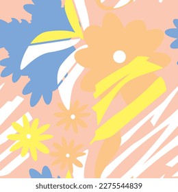 Summer flower print. Cutout geometric shapes. Colors in yellow, white, orange, and blue on a pink salmon background. Vector illustration. Seamless pattern.