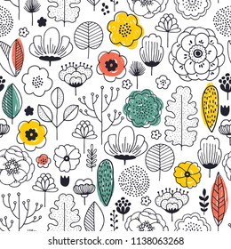 Summer flower seamless pattern. Linear graphic. florals background. Scandinavian style. Vector illustration