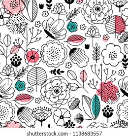 Summer flower seamless pattern. Linear kid graphic. florals background. Scandinavian style. Vector illustration