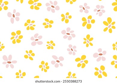 Diseño de impresión de tela de Vector sin patrón de flores de verano. Fondo de pantalla rústico floral. Pequeña ilustración de fondo de flor. Adorno lindo de flores silvestres. Flora plana de dibujos animados.