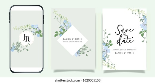 Summer Flower social Wedding Invitation set, floral invite thank you, rsvp modern card Design in blue flower and leaf greenery  screens template for mobile and social media