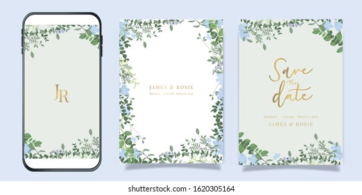 Summer Flower social Wedding Invitation set, floral invite thank you, rsvp modern card Design in blue flower and leaf greenery  branches with screens template for mobile and social media
