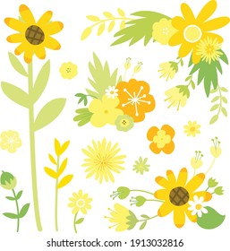 Summer flower vector set. Sunflowers, leaves, daisy, buttercup flourishes. Corner and decorative floral elements. Party, wedding, birthday celebration. Yellow, orange and green