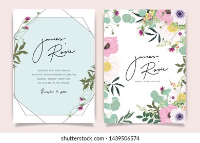 Summer Flower Wedding Invitation set, floral invite thank you, rsvp modern card Design in Pink floral with leaf greenery  branches decorative Vector elegant rustic template