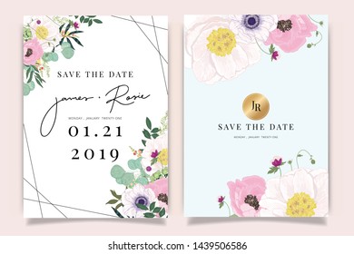 Summer Flower Wedding Invitation set, floral invite thank you, rsvp modern card Design in Pink floral with leaf greenery  branches decorative Vector elegant rustic template