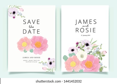 Summer Flower Wedding Invitation set, floral invite thank you, rsvp modern card Design in Pink peony and white  floral with leaf greenery  branches decorative Vector elegant rustic template