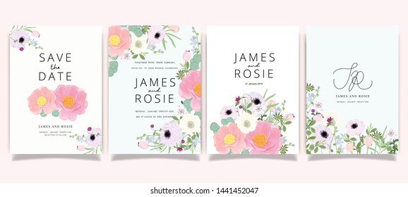 Summer Flower Wedding Invitation set, floral invite thank you, rsvp modern card Design in Pink peony and white  floral with leaf greenery  branches decorative Vector elegant rustic template