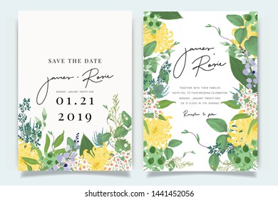 Summer Flower Wedding Invitation set, floral invite thank you, rsvp modern card Design in Pink peony and white  floral with leaf greenery  branches decorative Vector elegant rustic template