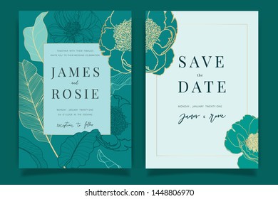 Invitación a la boda de las flores de verano, invitaciones florales gracias, tarjeta rsvp moderna Diseño en peones rosados y floral blanca con ramas de vegetación de hoja decorativo Vector elegante plantilla rústica